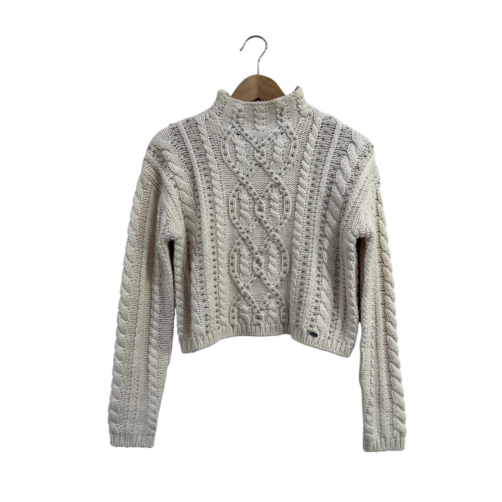 Superdry Sartorial Womens Cream Cable Knit Studded Mock Neck Cropped Sweater XS